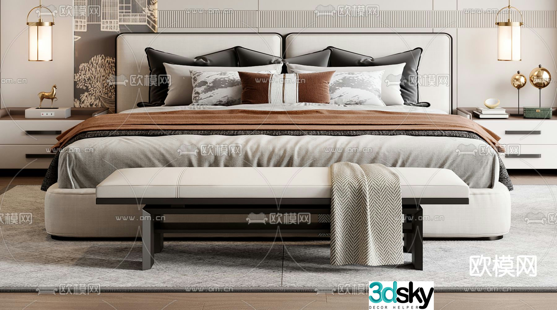 New Chinese style double bed 3d model