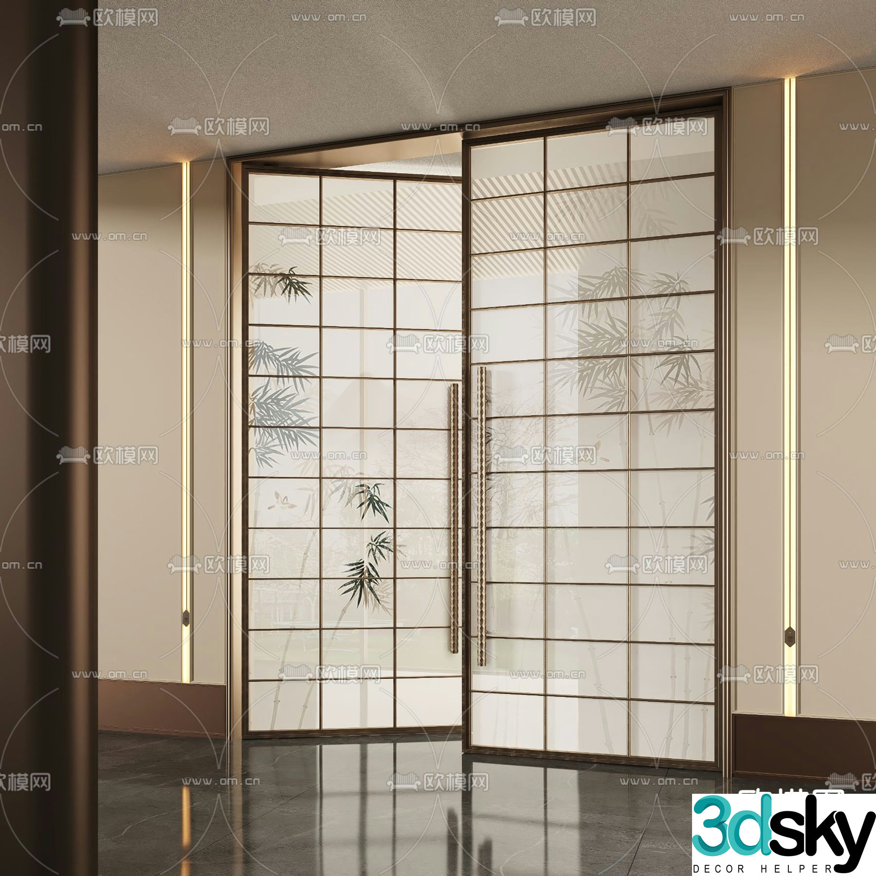 New Chinese style entrance door double-open door glass door 3D model