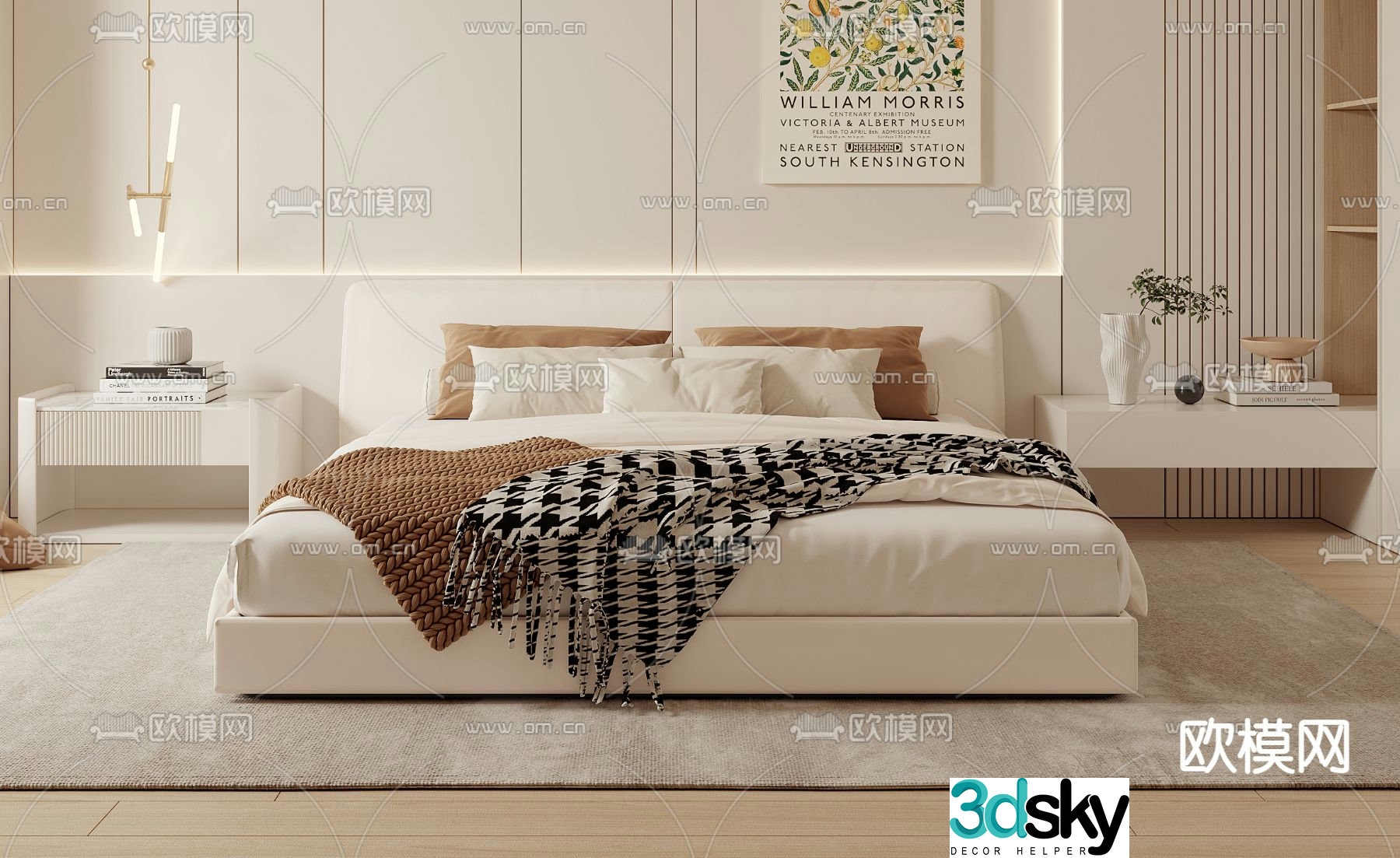 Cream style double bed 3d model