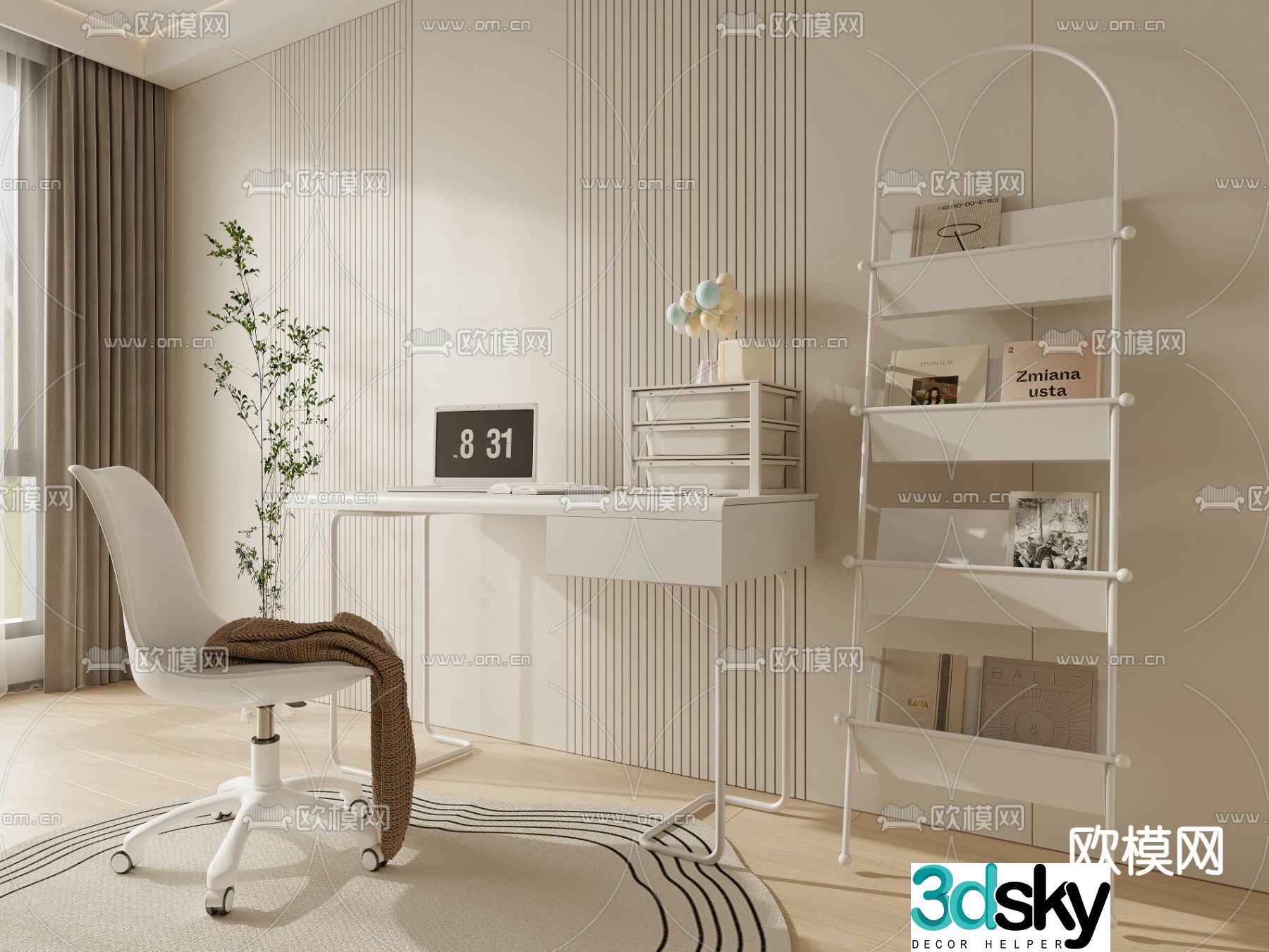 Cream style desk computer desk study table 3d model