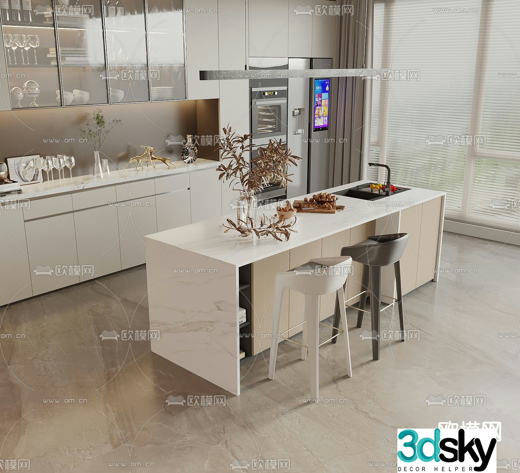 Marble bar counter island table cabinet 3D model
