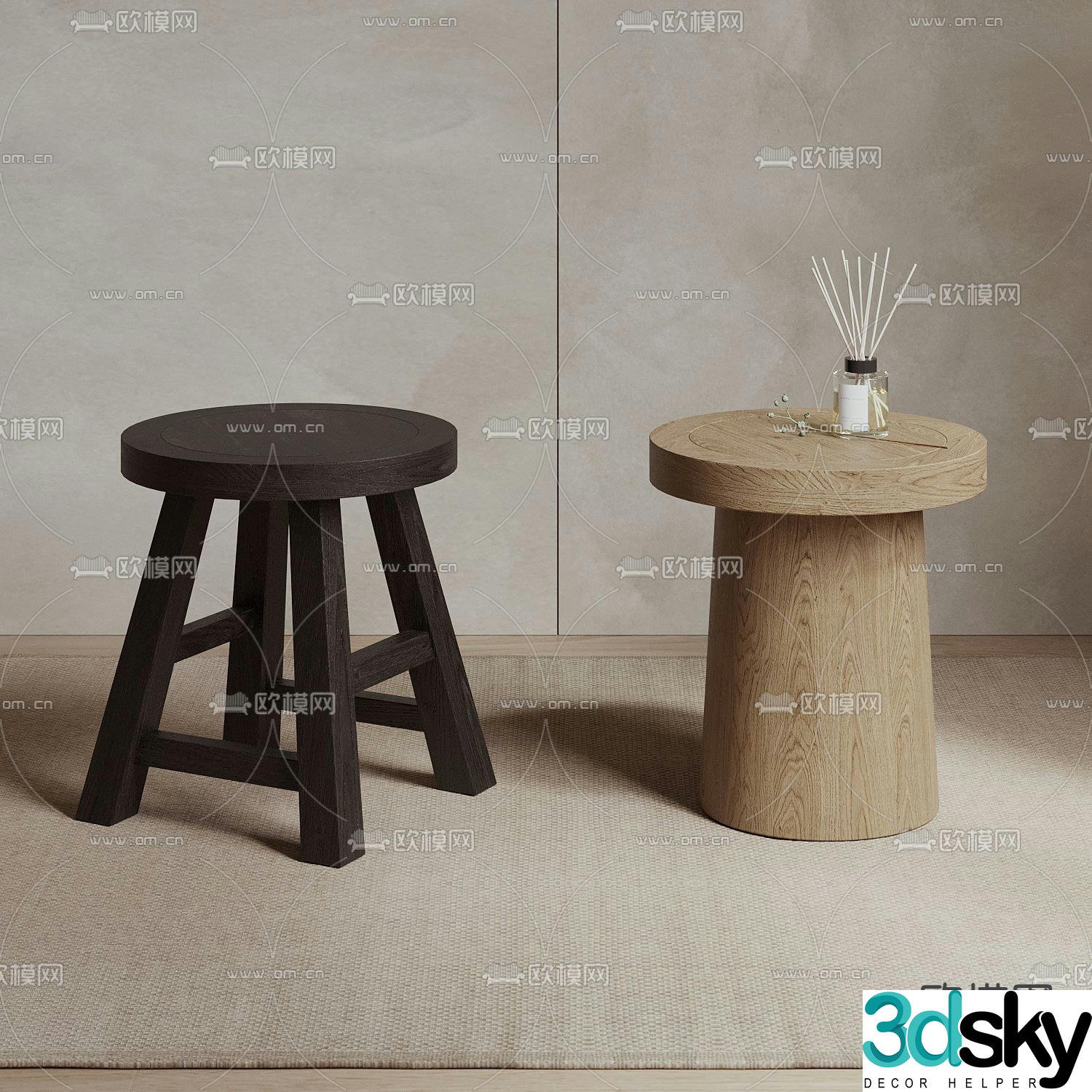 Log style stool low stool round stool wooden stool 3D model