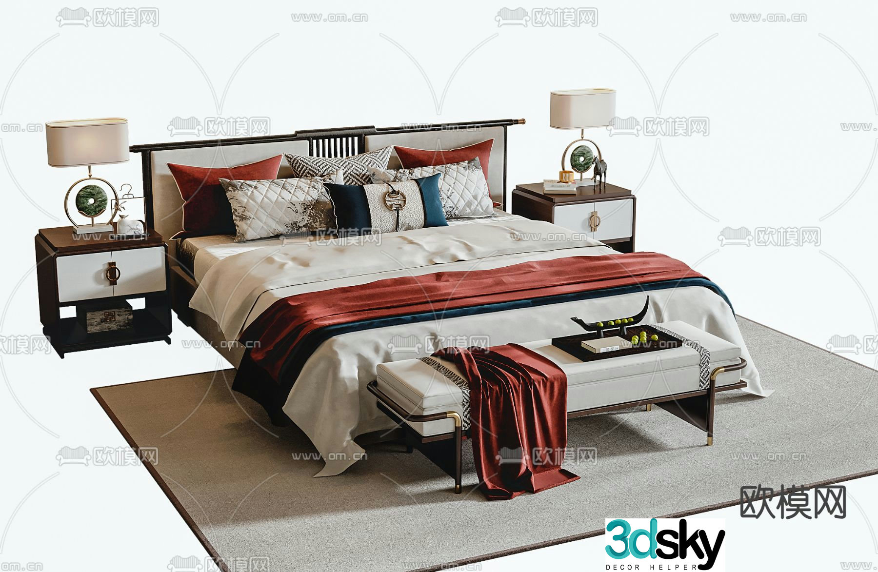 New Chinese style double bed 3d model