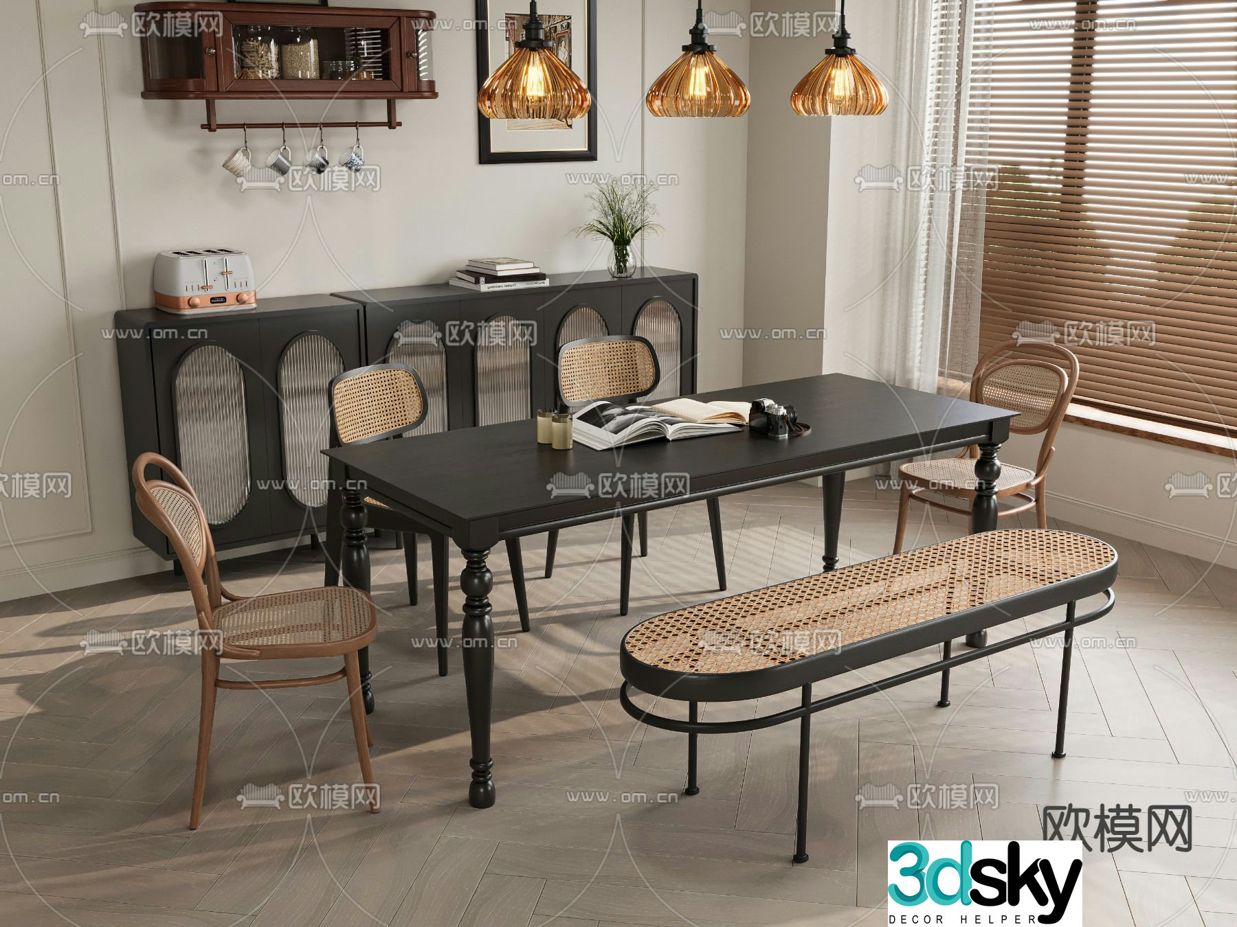 French dining table and chairs bar dining table 3d model