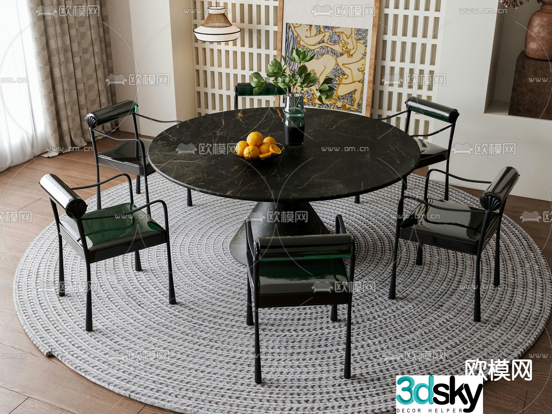 Round dining table and chairs 3d model