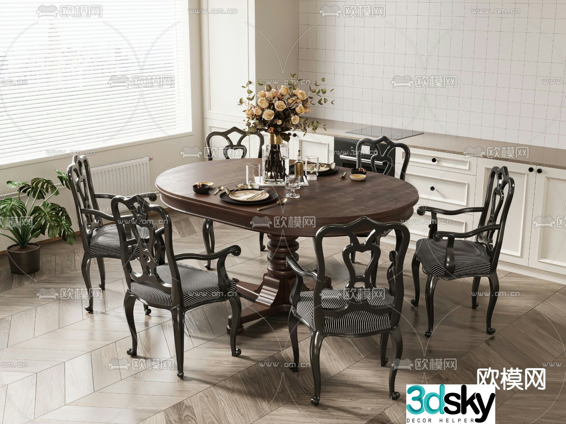 French dining table and chairs round dining table 3d model
