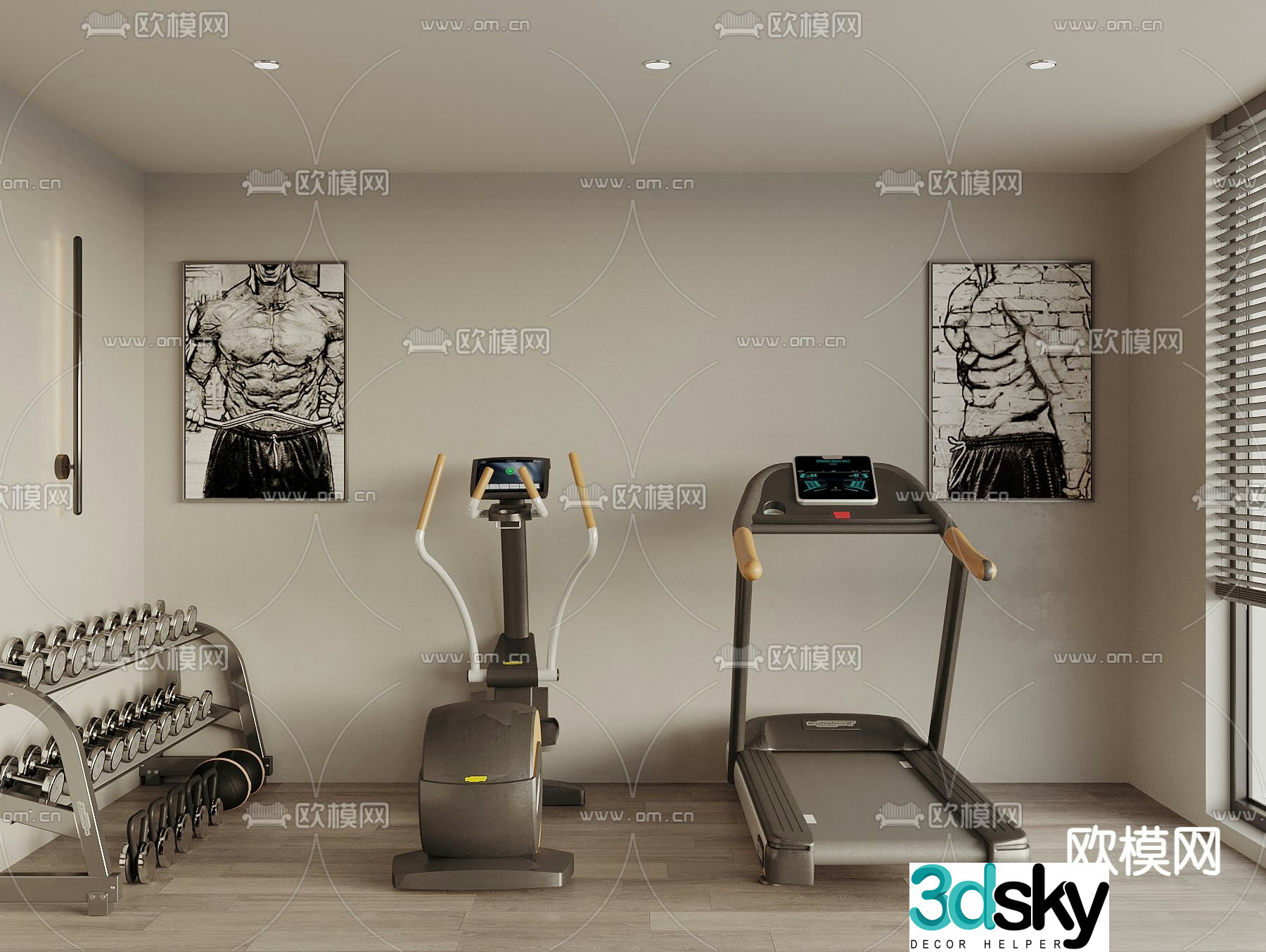 Fitness equipment treadmill elliptical machine dumbbell 3d model