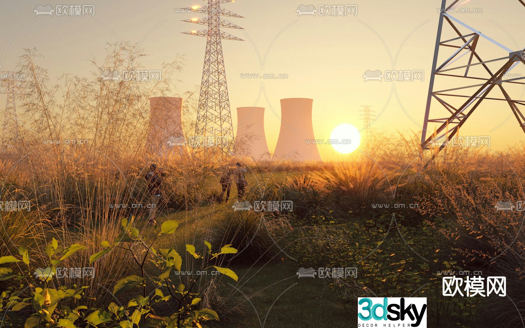 Outdoor landscape power station high voltage line 3d model