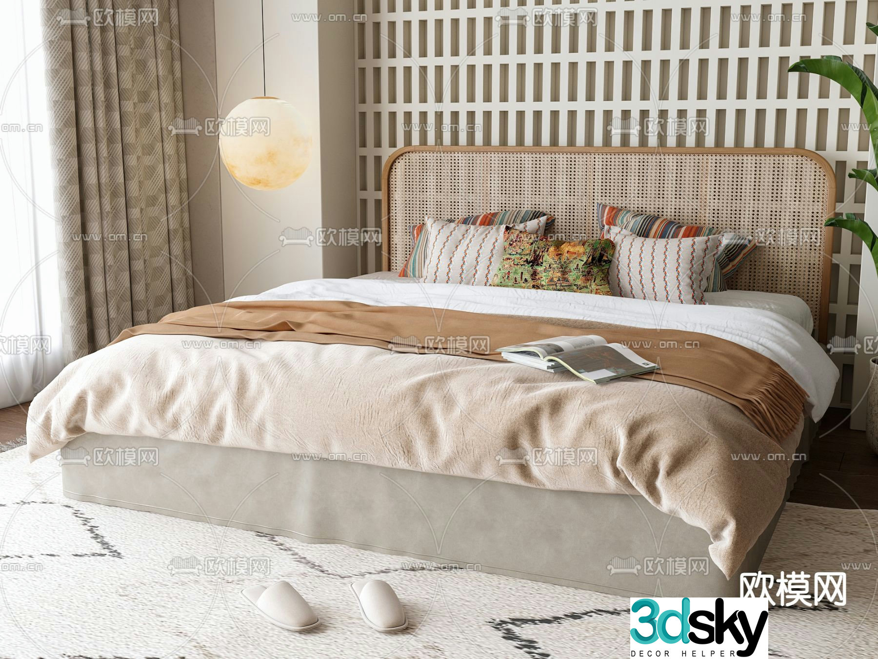 Wabi-sabi style double bed rattan bed 3d model