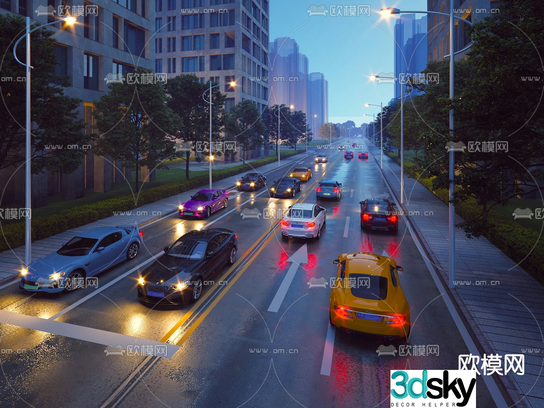 Night scene city road road facilities 3d model