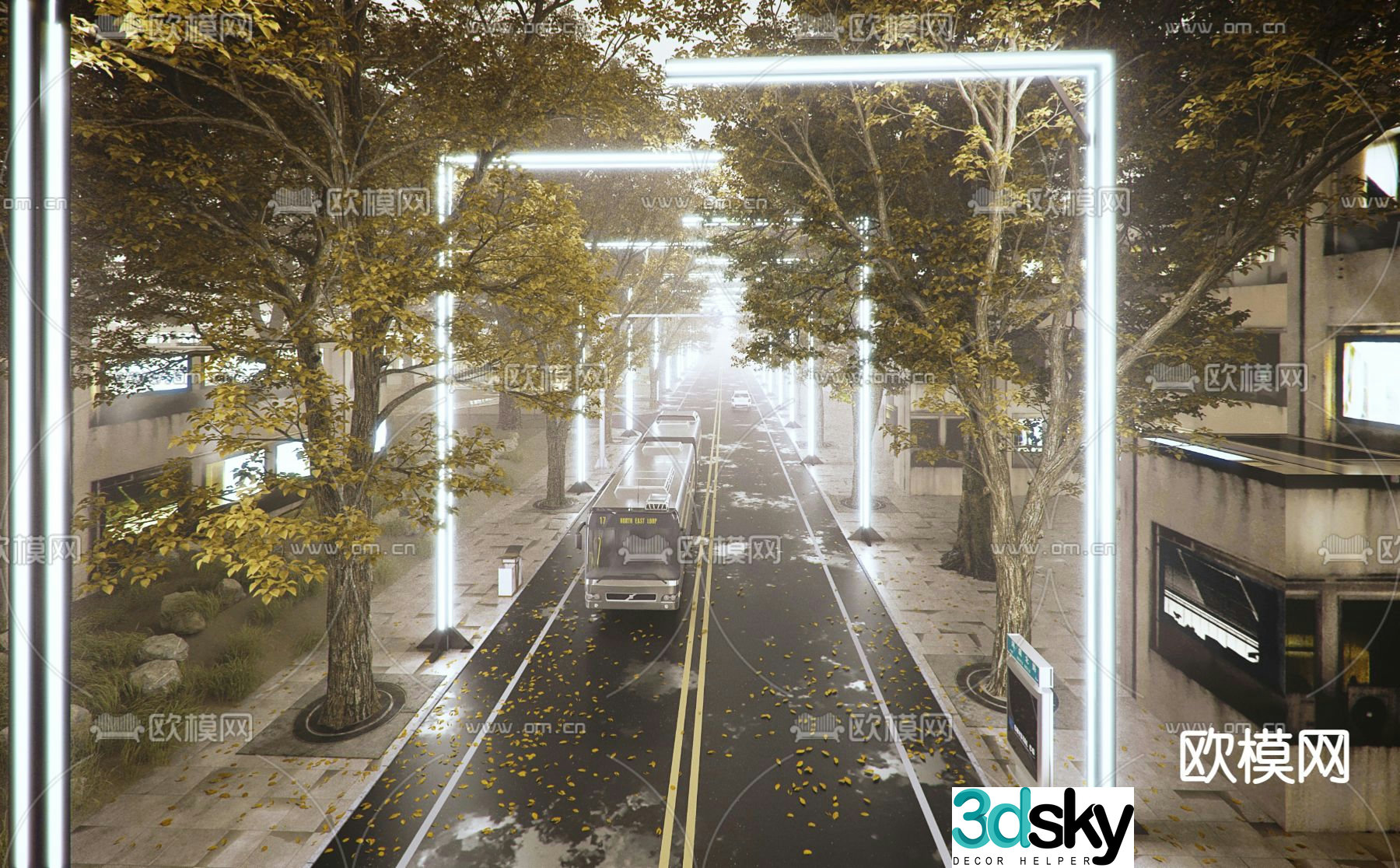 sidewalk highway fallen leaf road 3d model