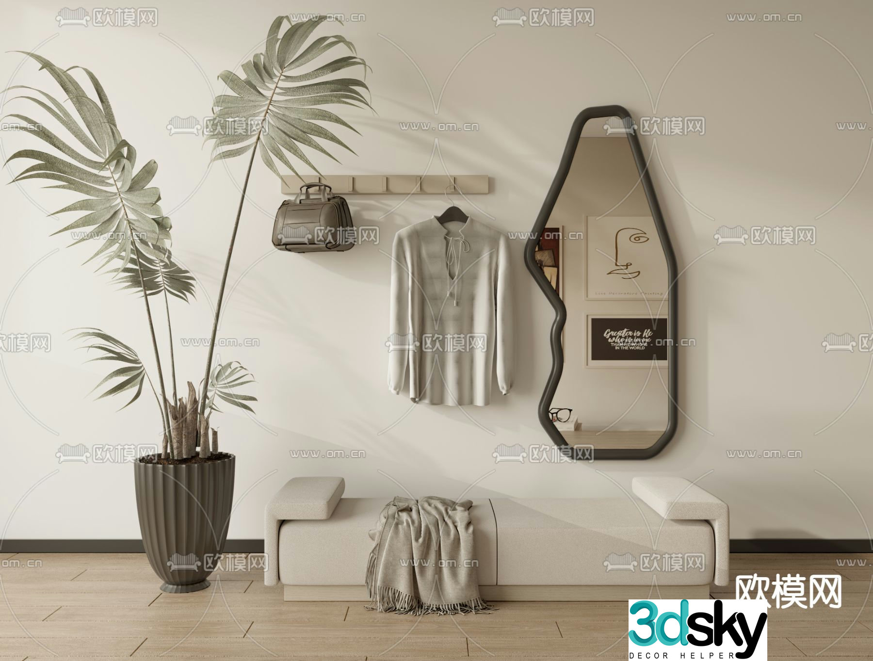 Full-length mirror shoe changing stool clothes hook 3D model