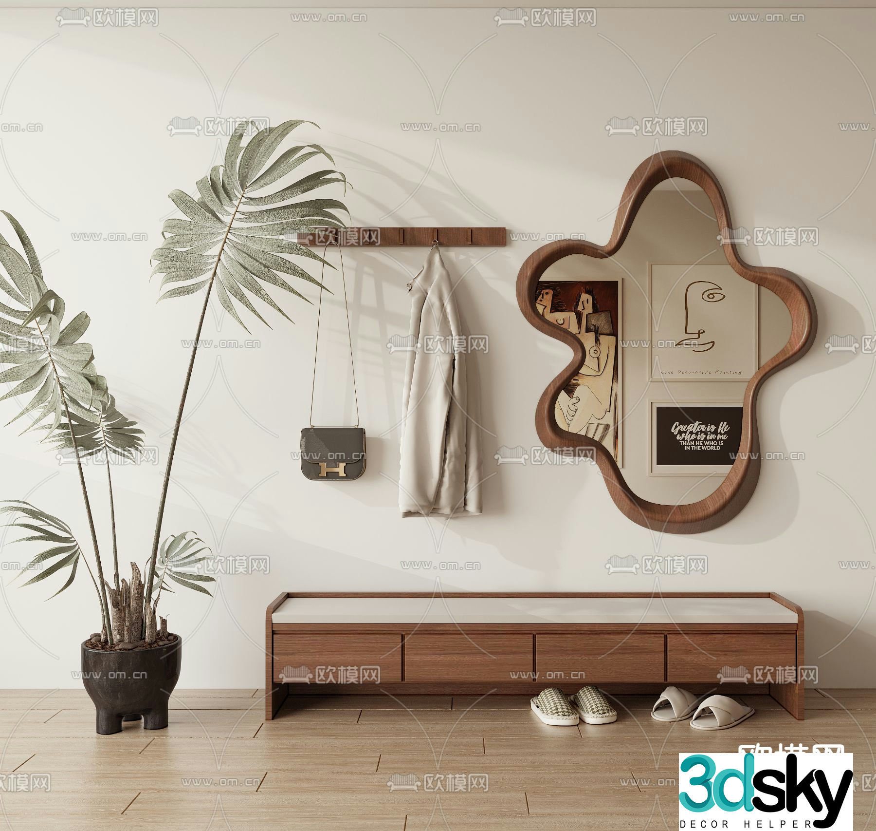 Wabi-sabi stool bench full-length mirror clothes rail shoe-changing stool 3D model