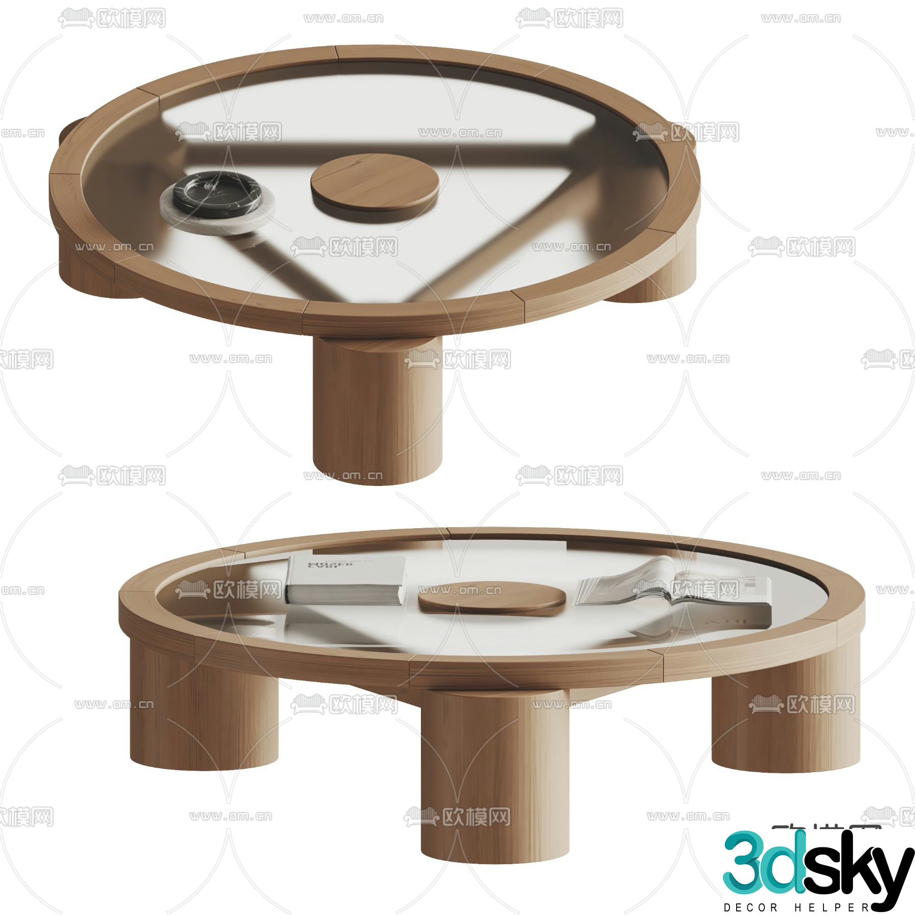 Solid wood round coffee table glass coffee table 3d model