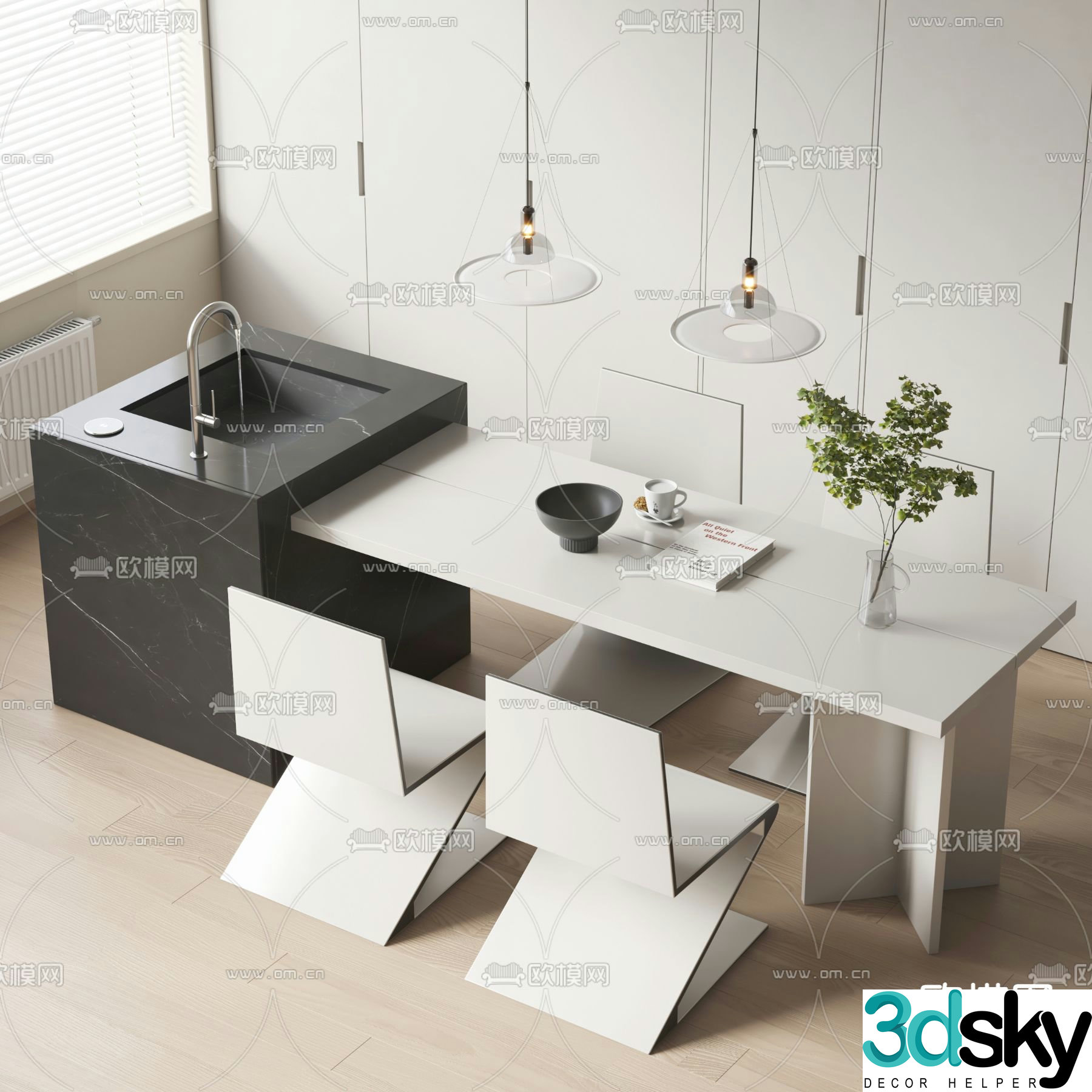 Island dining table and chairs 3d model