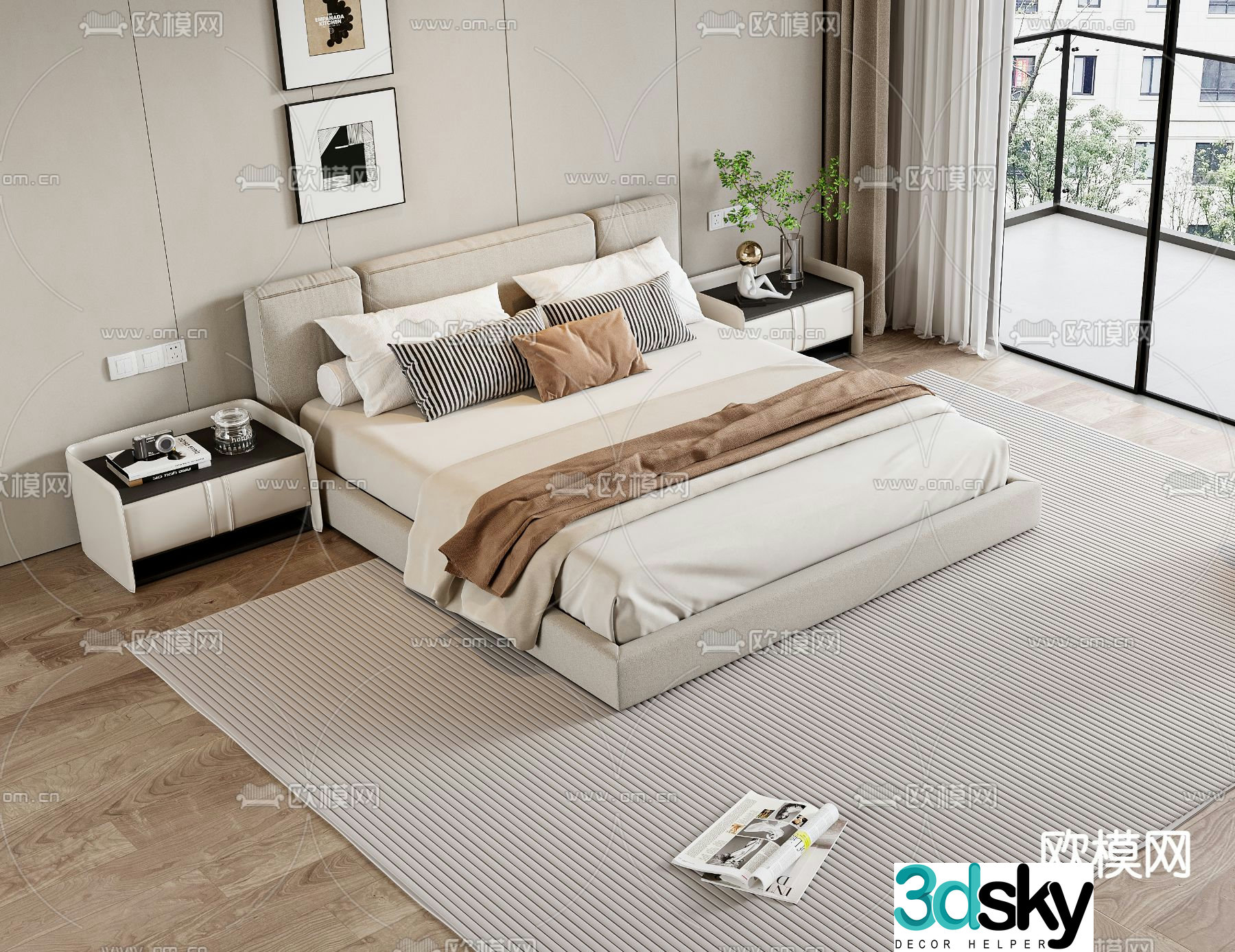 Cream style double bed 3d model