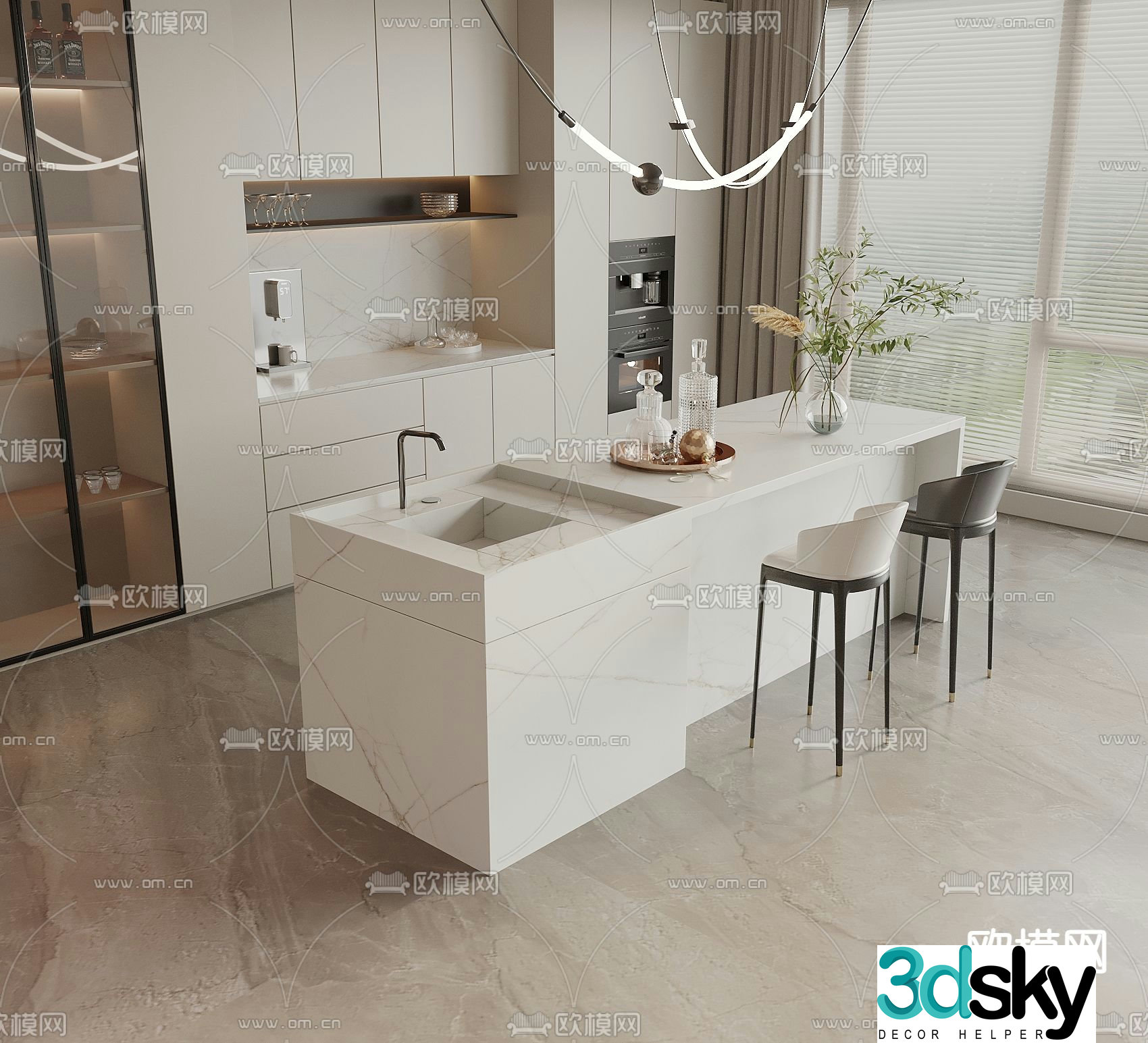 Cream style bar counter island counter wine cabinet 3D model