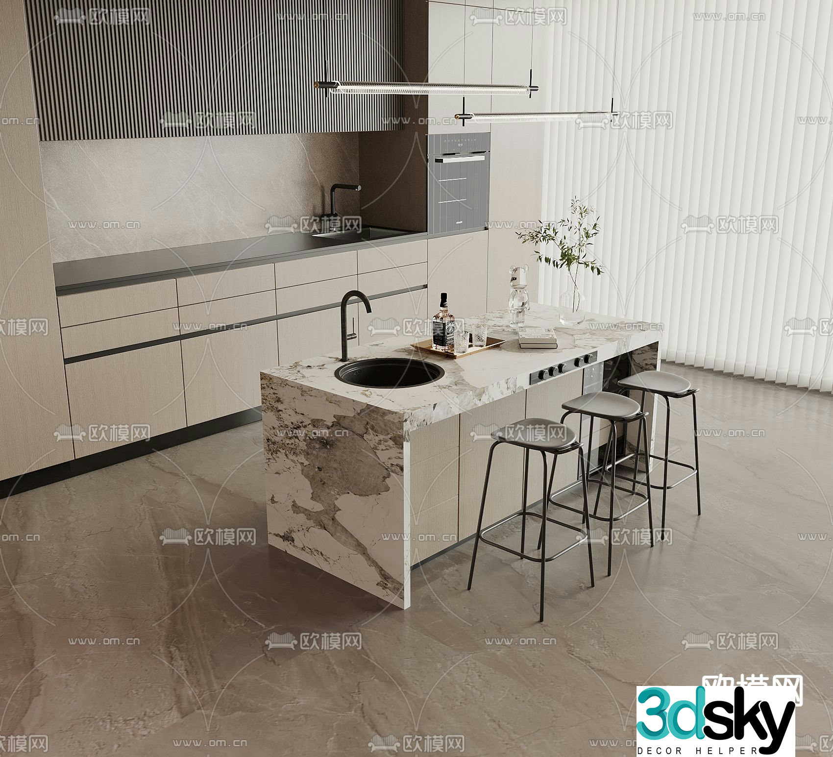 Marble bar counter island table cabinet 3D model