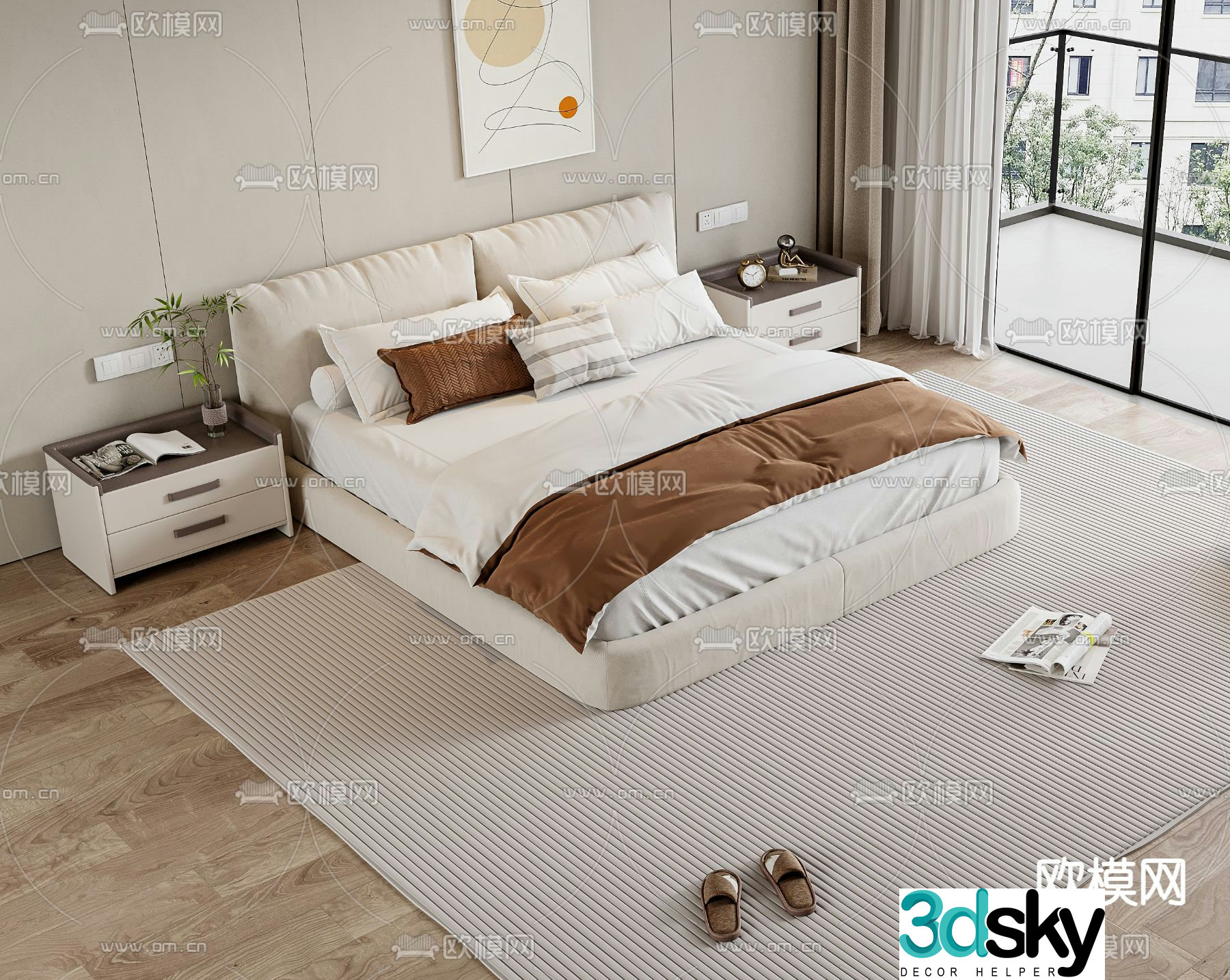 Cream style double bed 3d model
