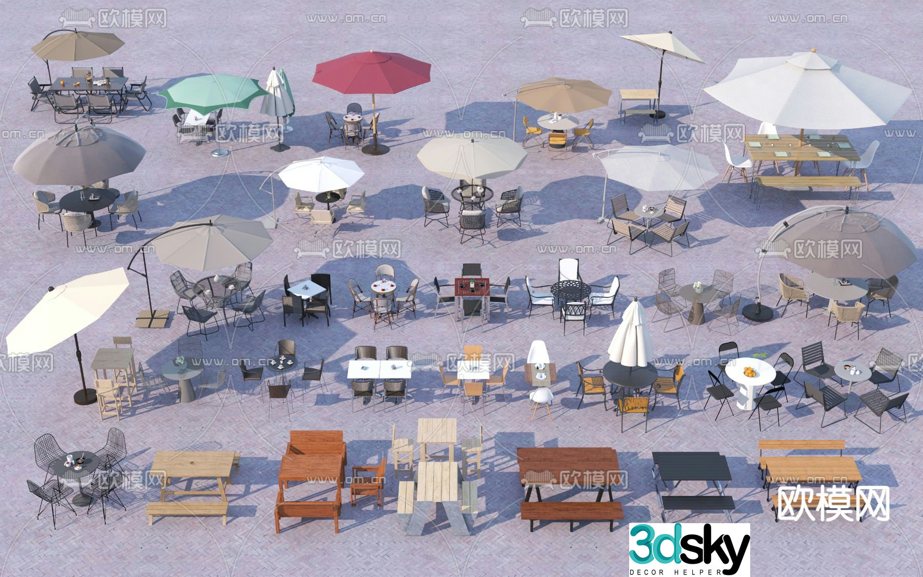 Outdoor tables and chairs sun umbrella tables and chairs 3d model