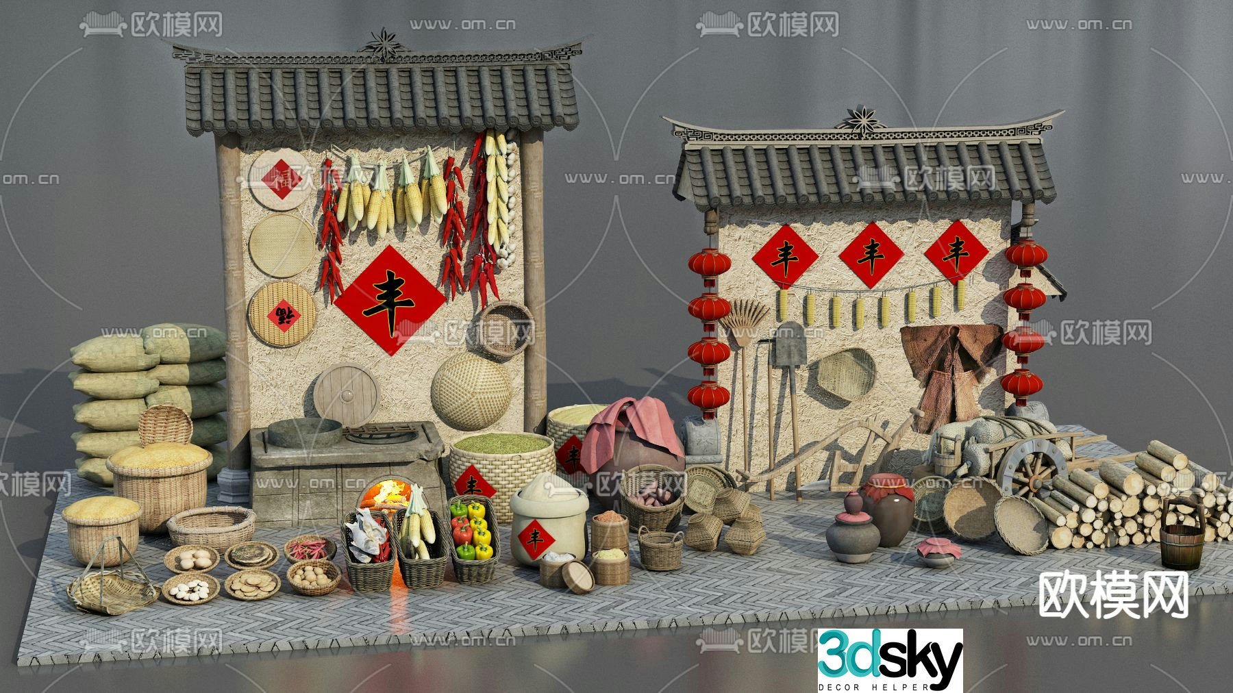 Farm tools sketch stove wine jar corn 3D model