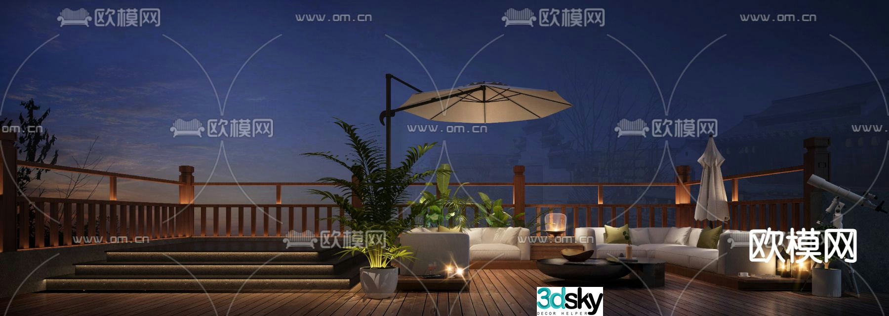 Balcony Terrace Roof Garden Night View 3d model