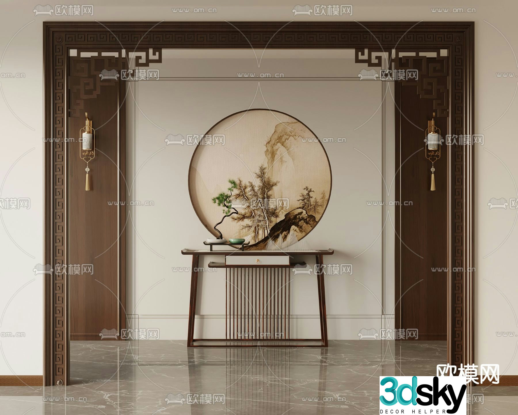 New Chinese style pass door frame door frame end view platform 3D model