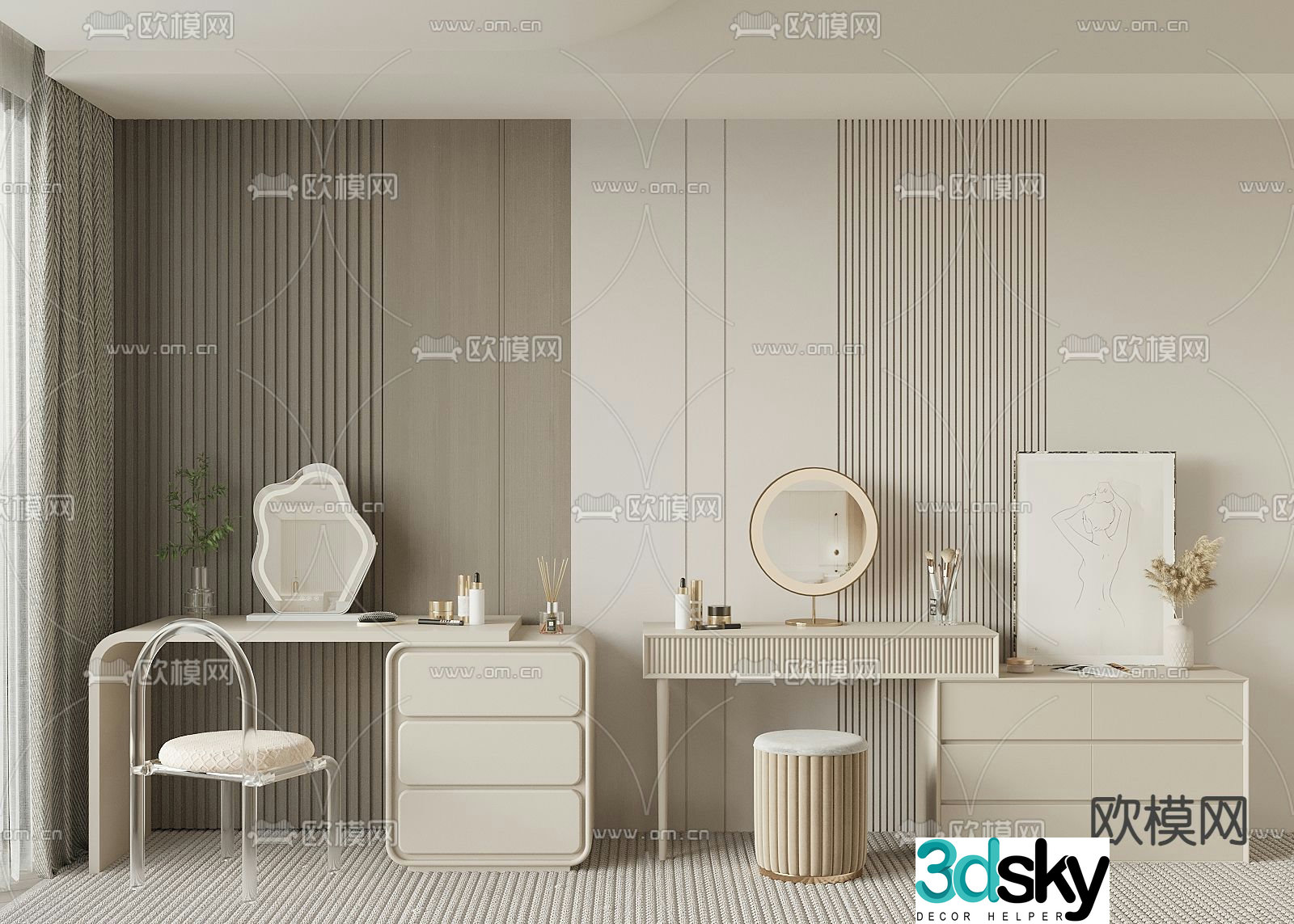 Cream style dressing table dressing table 3d model