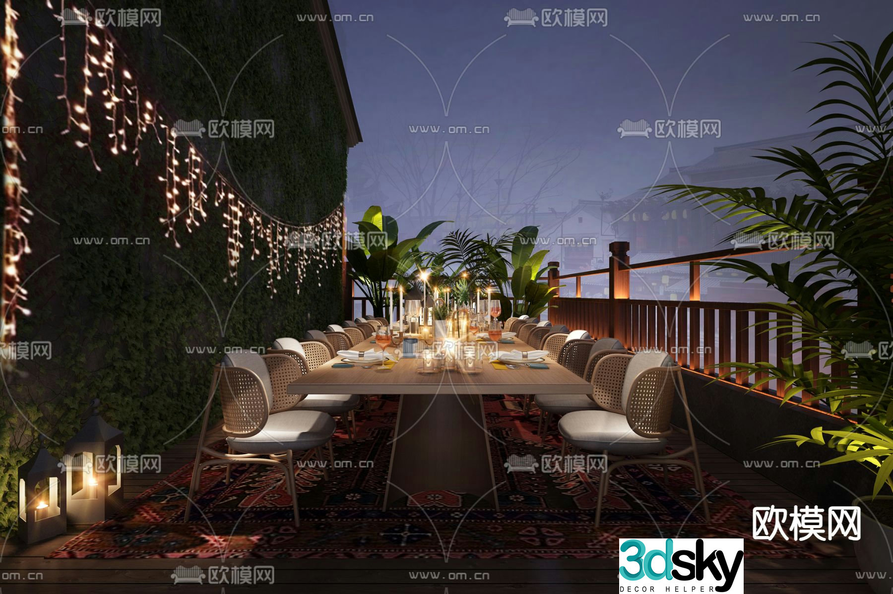 Balcony Terrace Roof Garden Night View 3d model