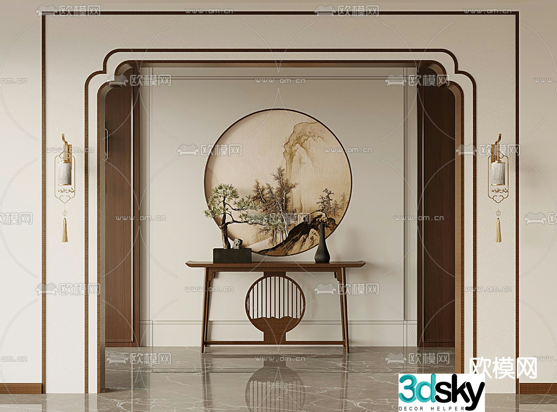 New Chinese style pass door frame door frame 3d model of end view platform