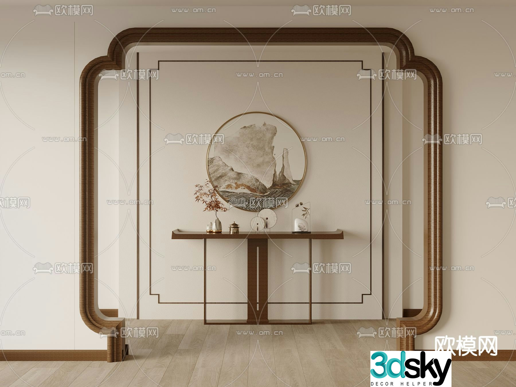 New Chinese style pass door frame door frame 3d model of end view platform