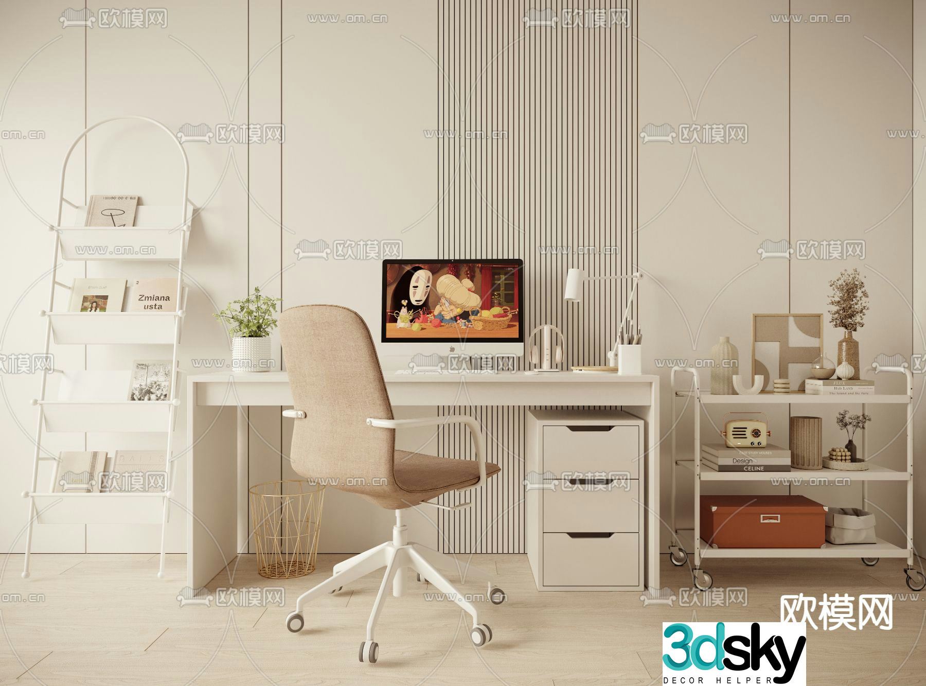 desk computer desk study table 3d model