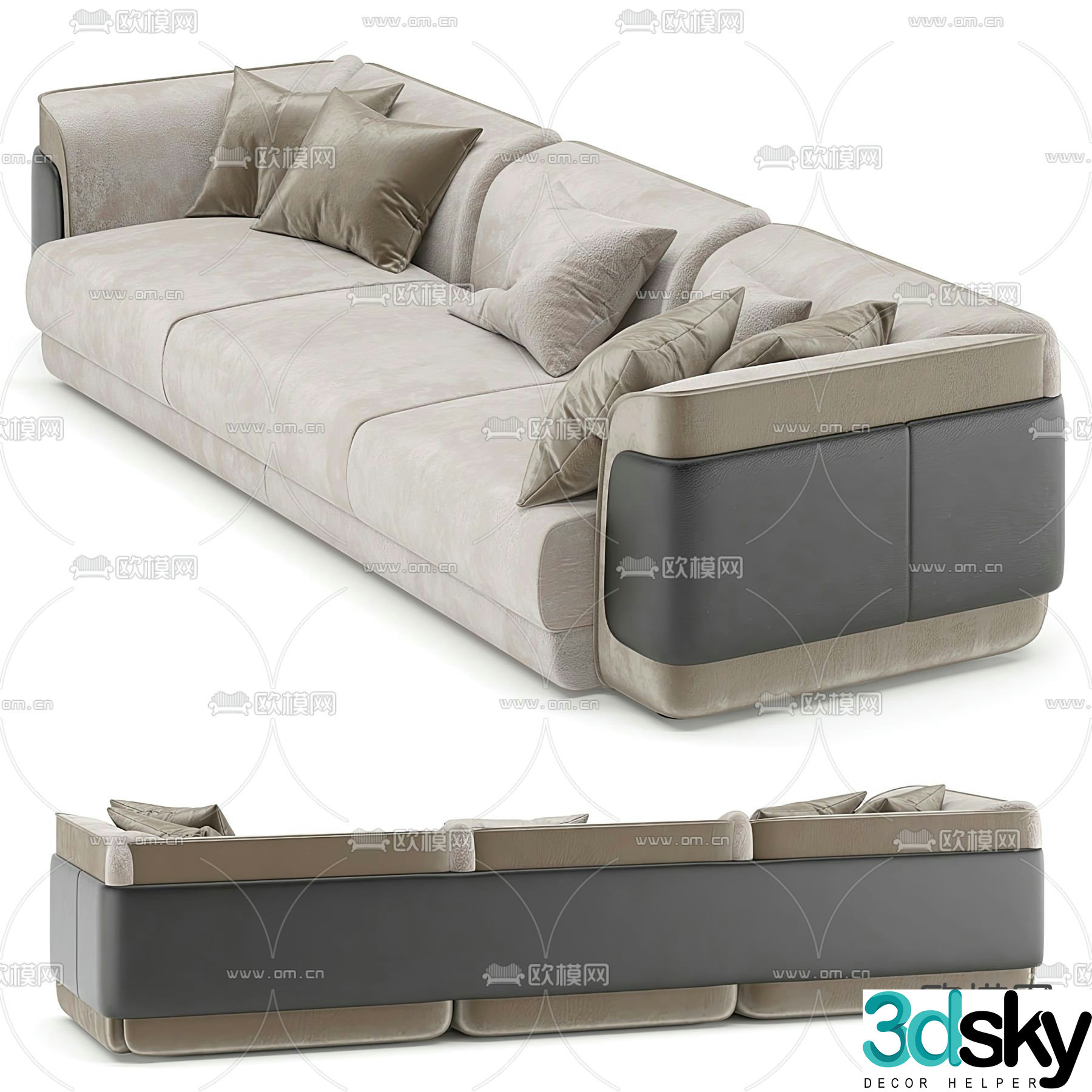 Three-person sofa multi-person sofa flannel sofa 3D model
