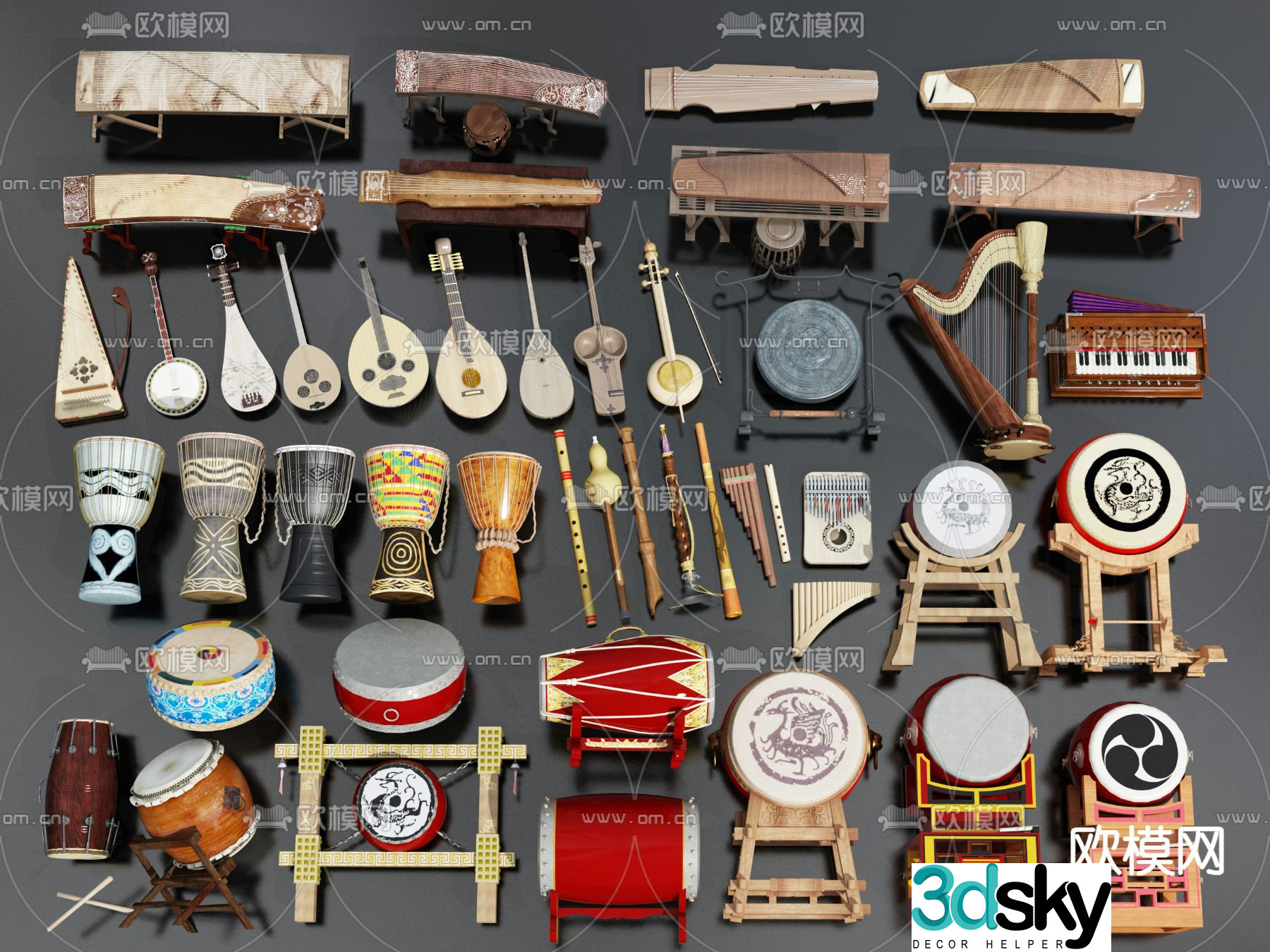 Classical musical instruments guzheng pipa tambourine 3d model