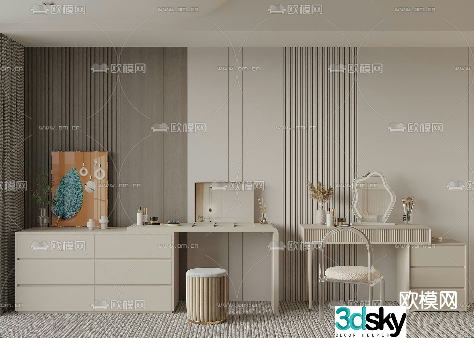 Cream style dressing table makeup table 3d model