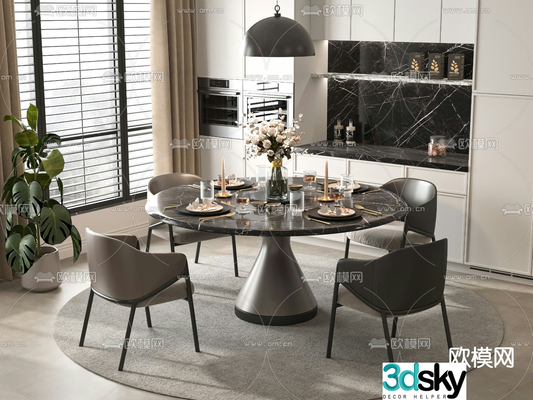 Round dining table and chairs slate dining table cabinet 3d model