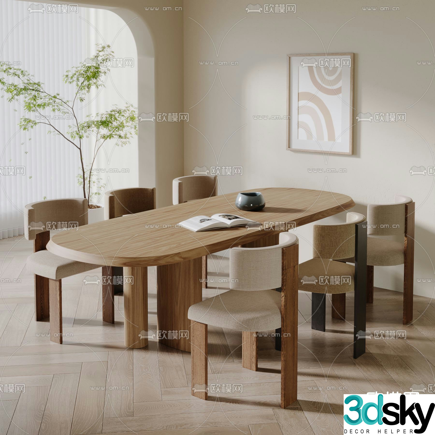 Oval dining table and chairs log dining table 3d model