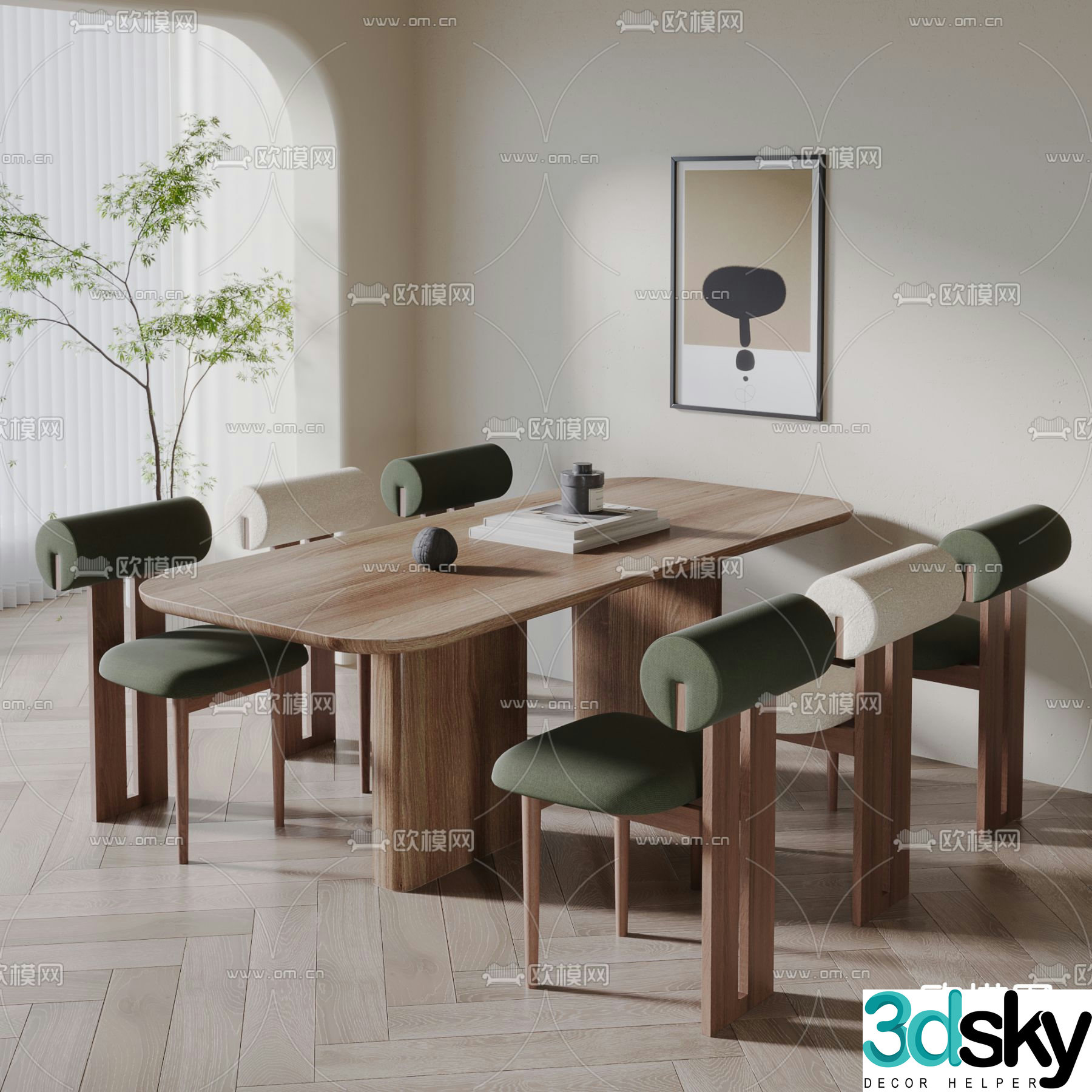 Nordic dining table and chairs Log dining table 3d model