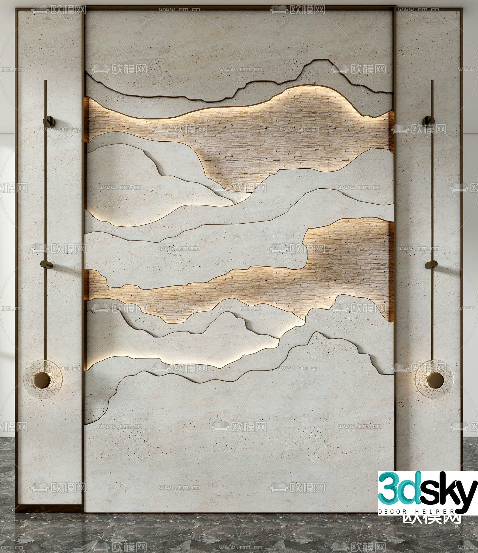 New Chinese style background wall landscape wall 3D model