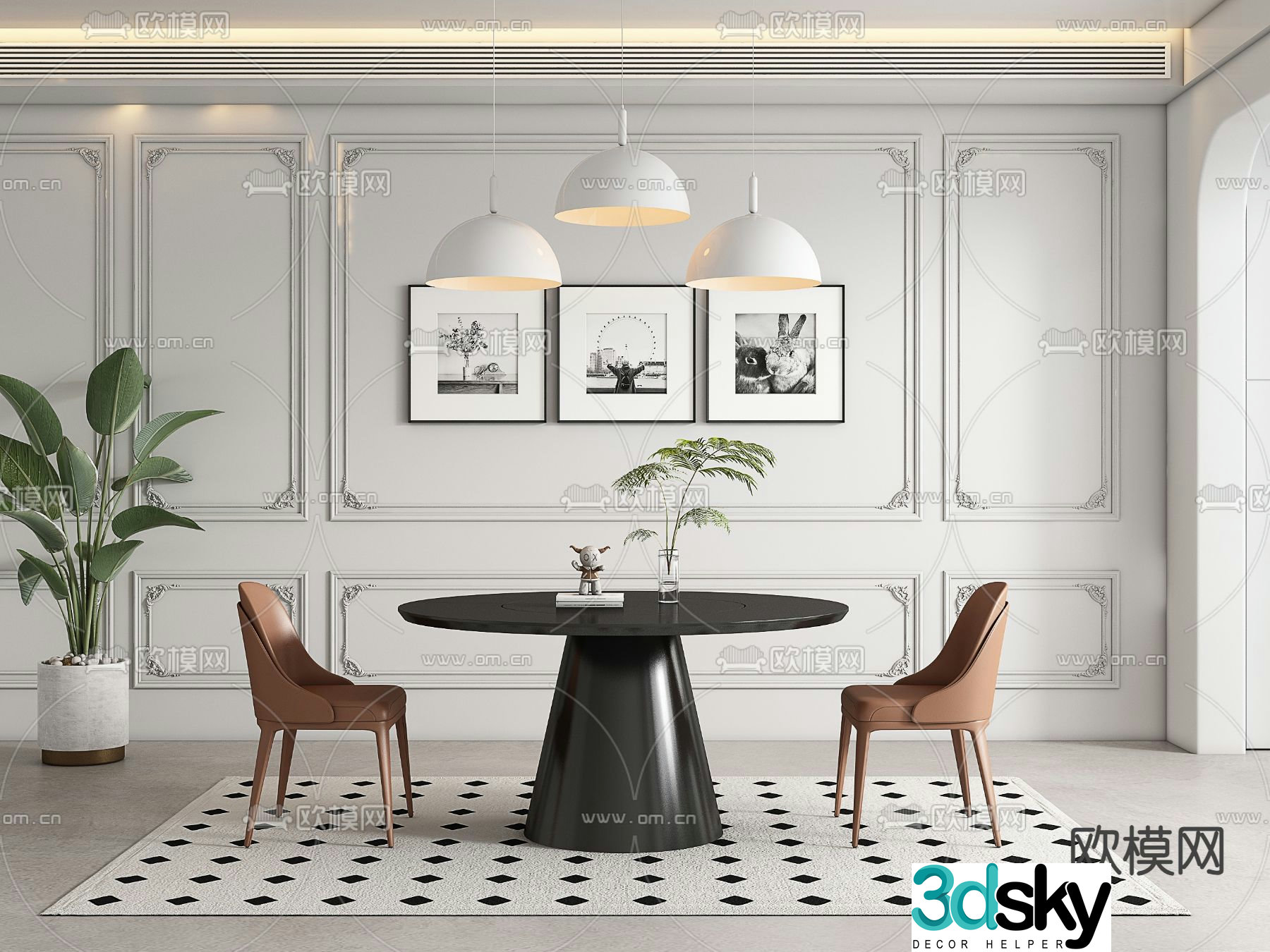 French dining table and chairs round dining table 3d model