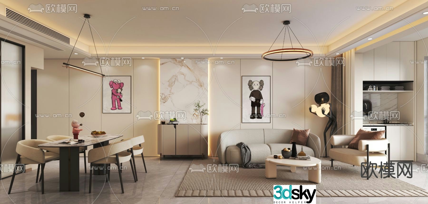 Modern living room dining room 3d model