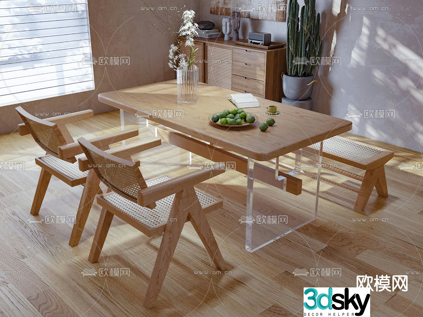 Japanese dining table and chairs log dining table 3d model