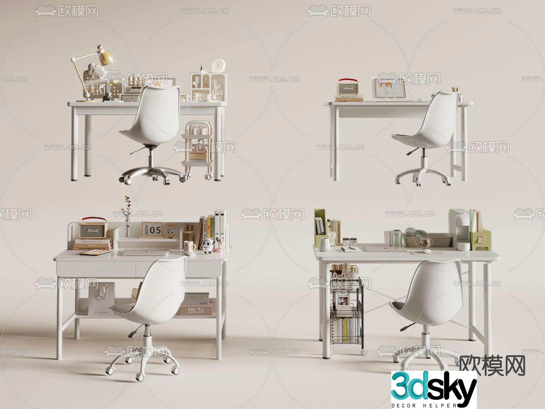 Cream style desk writing desk computer desk 3d model