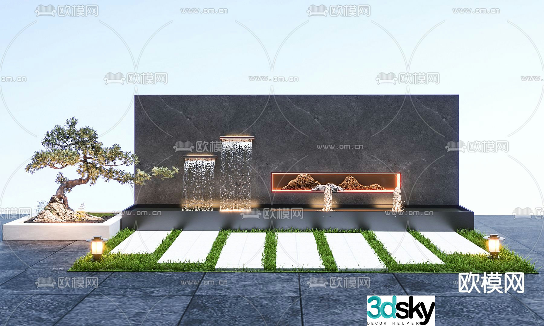 Landscape sketch overlapping water feature wall screen wall garden road paving 3D model