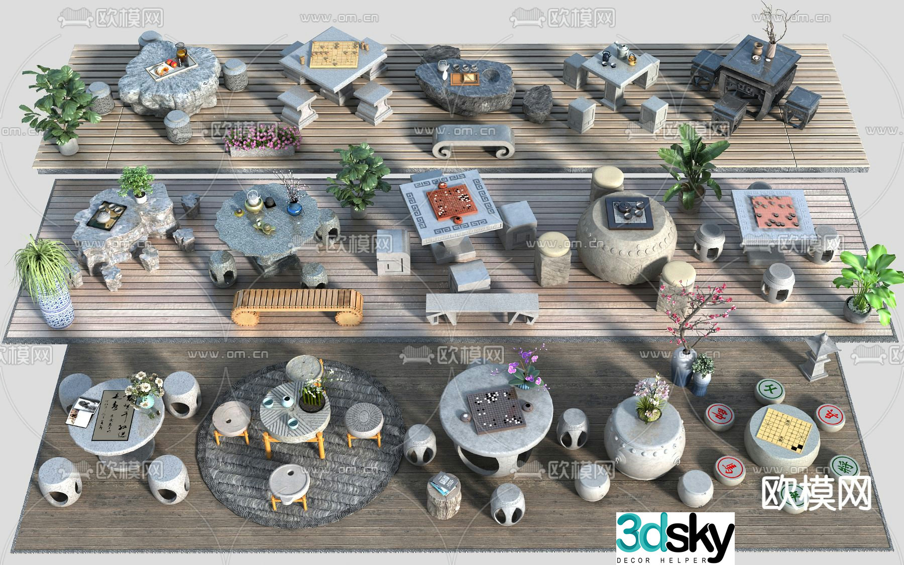 Outdoor tables and chairs stone tables and chairs park tables and chairs 3d model