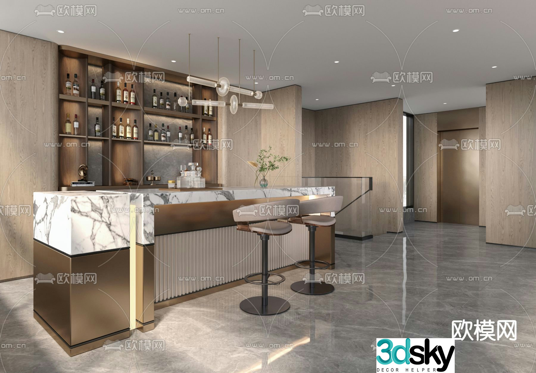 Light luxury bar island table bar chair 3D model