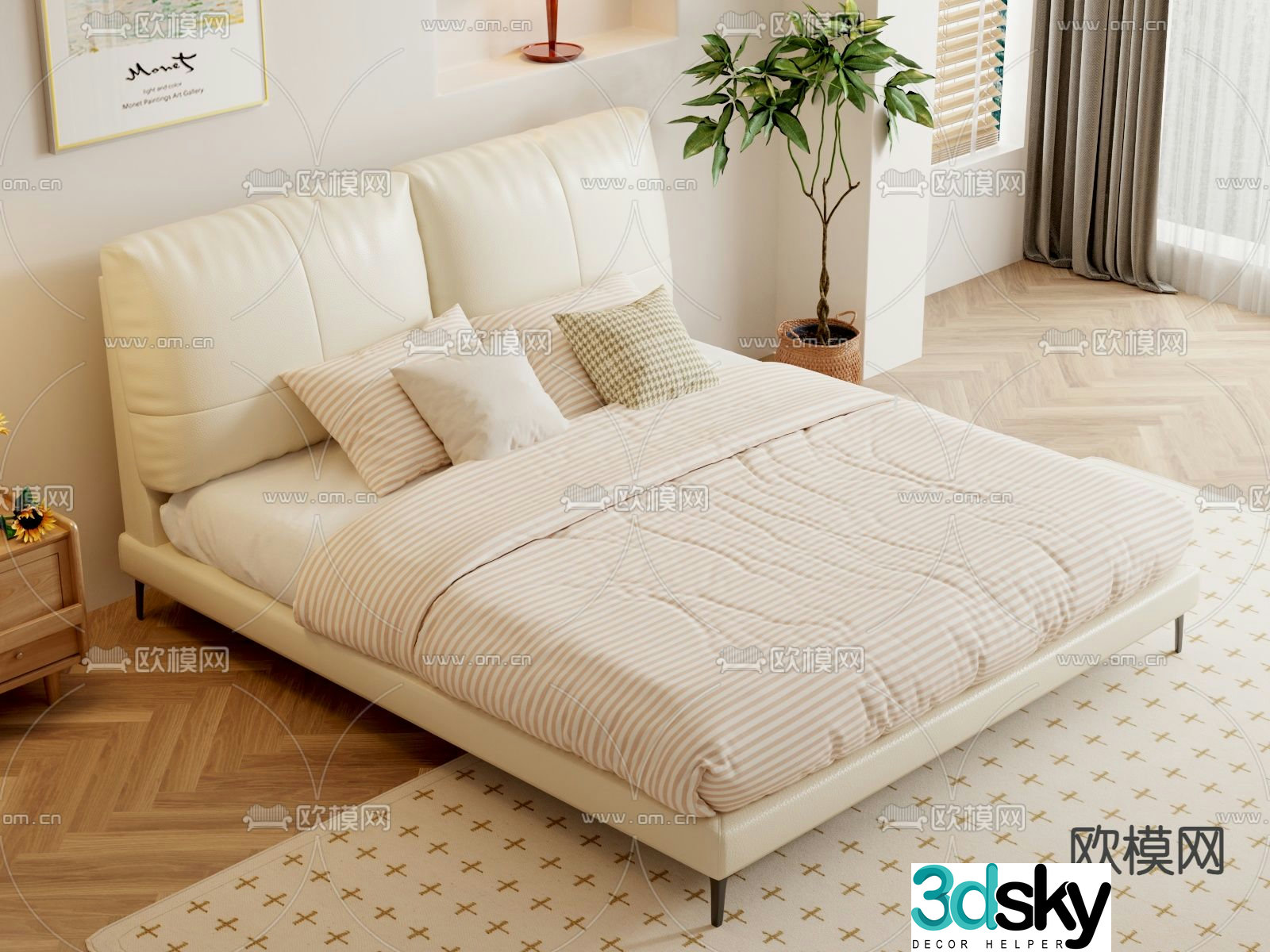 Cream style double bed 3d model