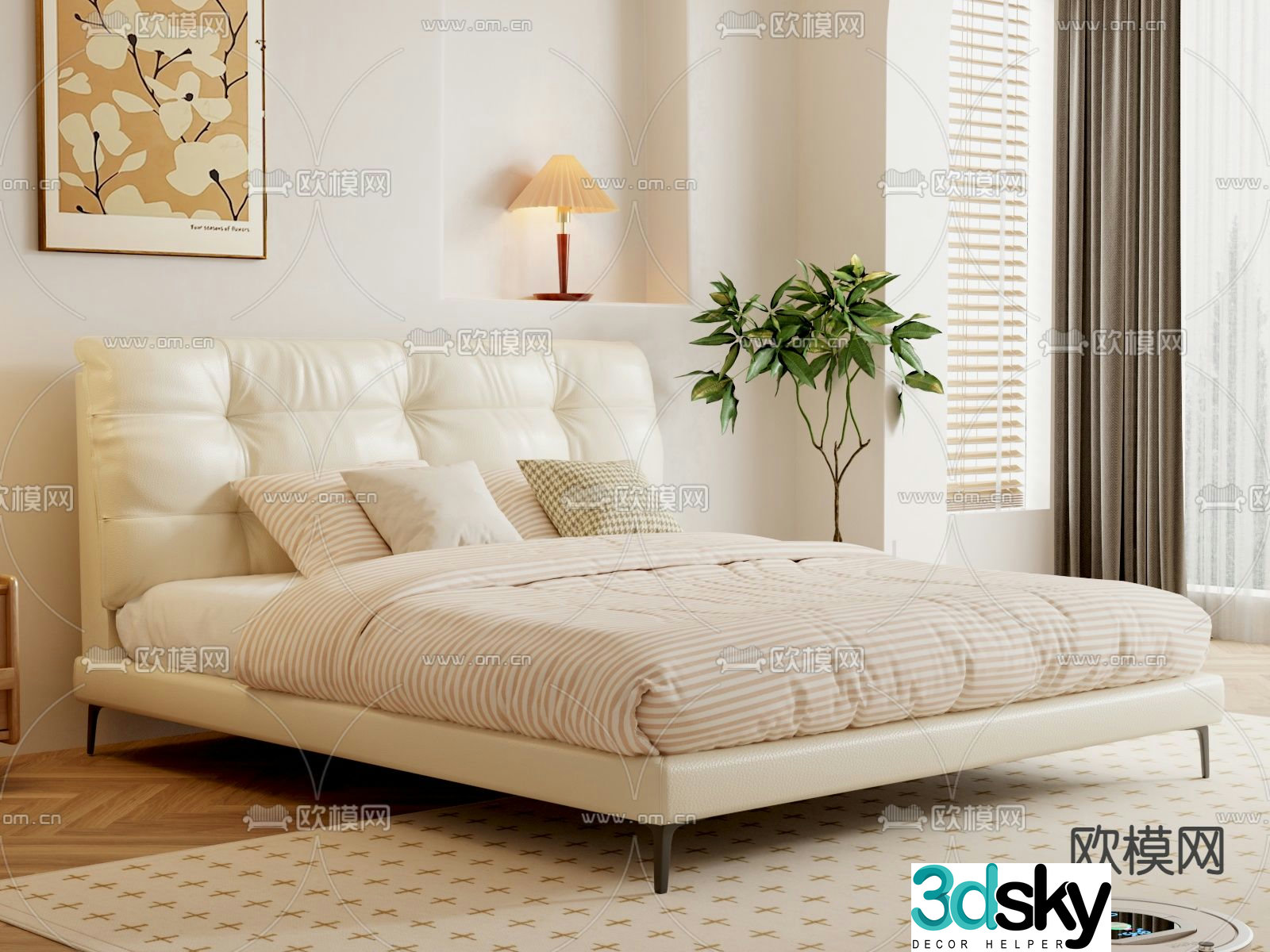 Cream style double bed 3d model