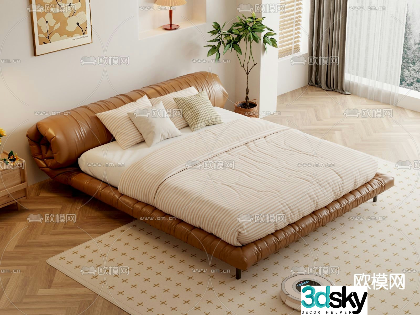 Cream style double bed 3d model