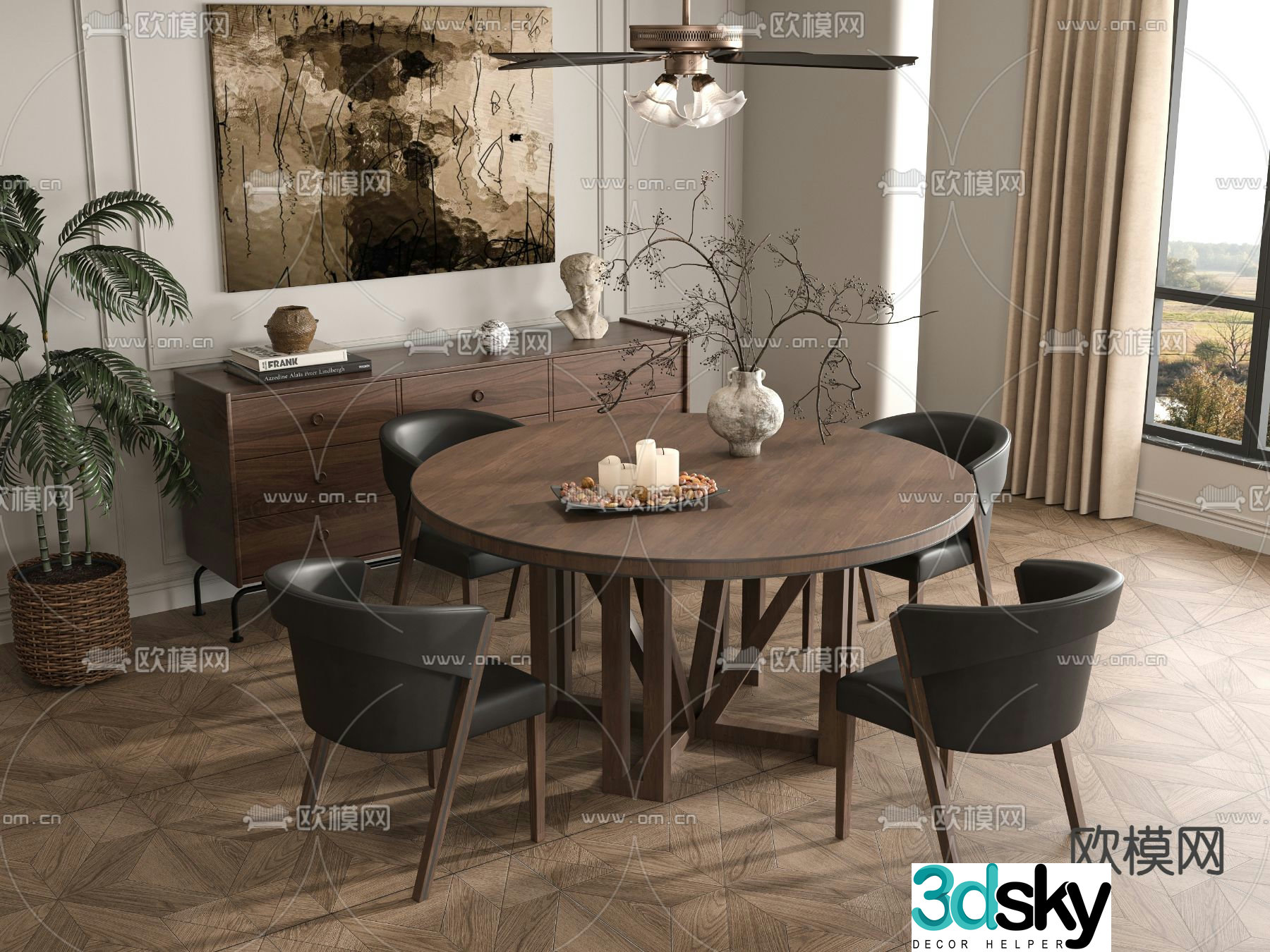 Medium style dining table and chairs round dining table 3D model